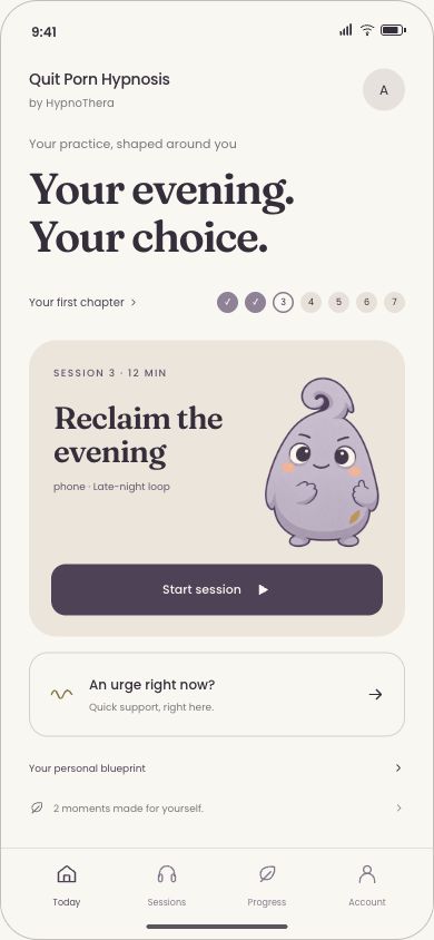 Approved app design preview with a daily personalized hypnosis practice and an in-the-moment reset.