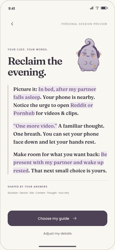 Approved app design preview showing a script for a phone-in-bed trigger and the thought ‘one more video’.